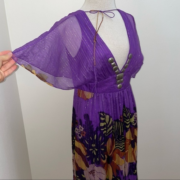 TIBI $495 Silk Dress Sz 10 Purple Floral Beads 100% Silk Metallic Empire Waist - Picture 7 of 14